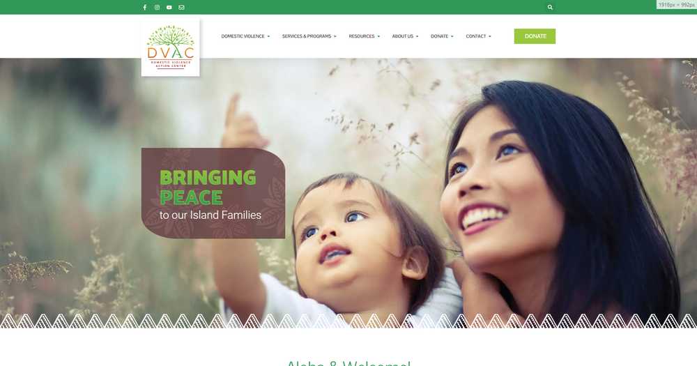 Domestic Violence Action Center homepage hero with a 'Bringing Peace to our Island Families' headline over a photo of a mother and child