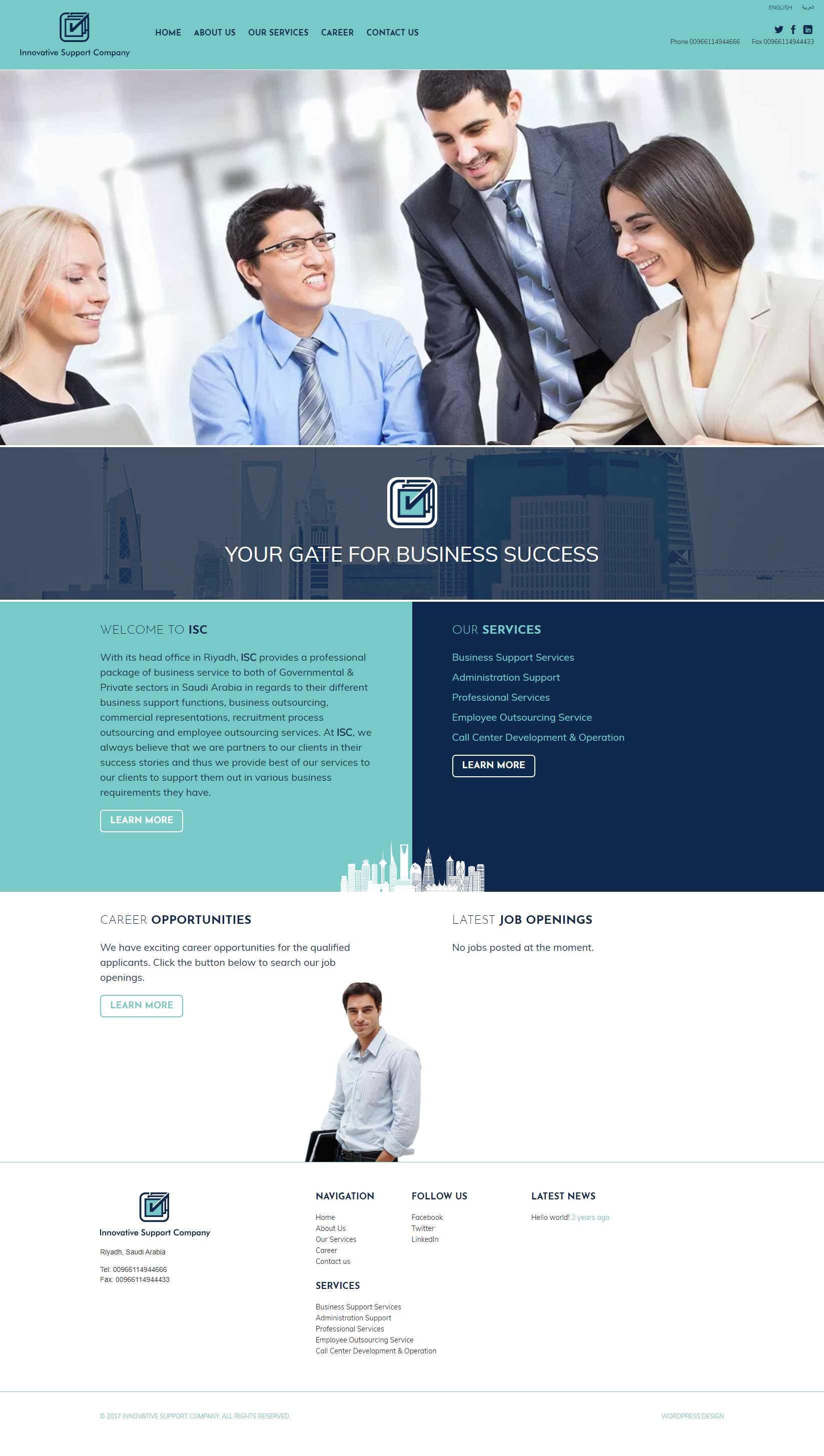 Innovative Support Company homepage with the 'Your gate for business success' hero and an overview of its services and career openings