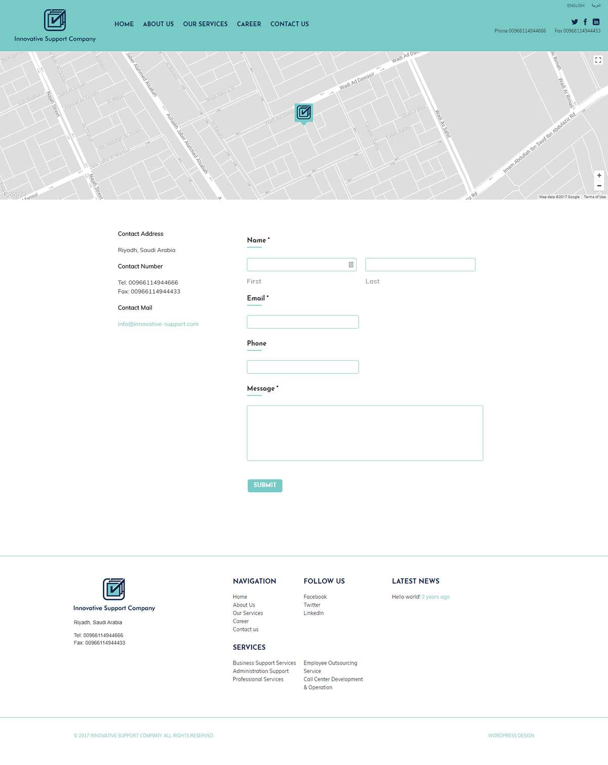 Innovative Support Company Contact page with a map, contact details, and a contact form