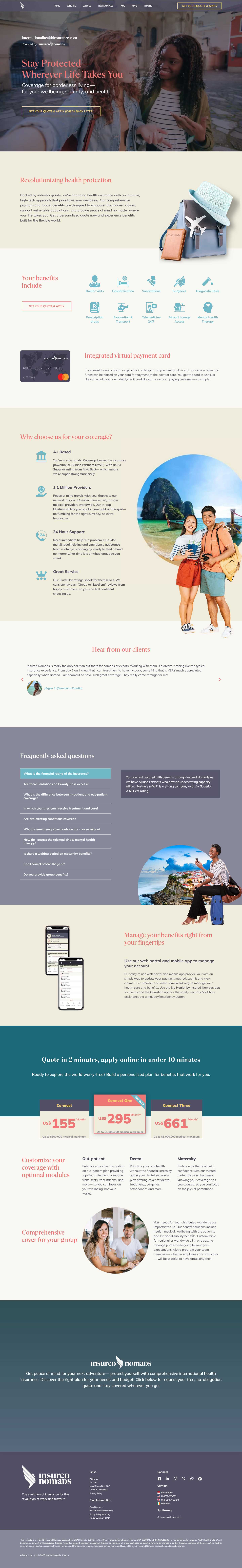 International Health Insurance homepage with benefits, pricing tiers, testimonials, FAQ, and mobile app sections