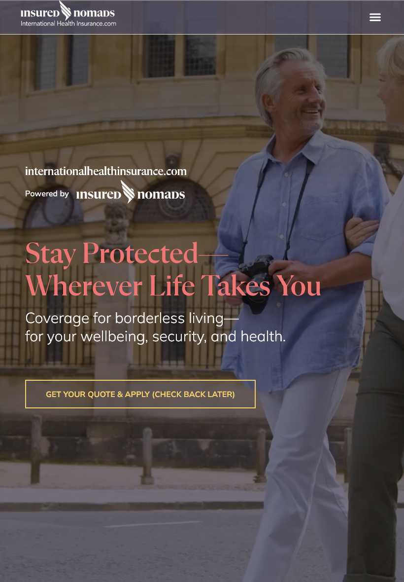 International Health Insurance homepage hero with a 'Stay Protected Wherever Life Takes You' headline over a photo of two smiling women