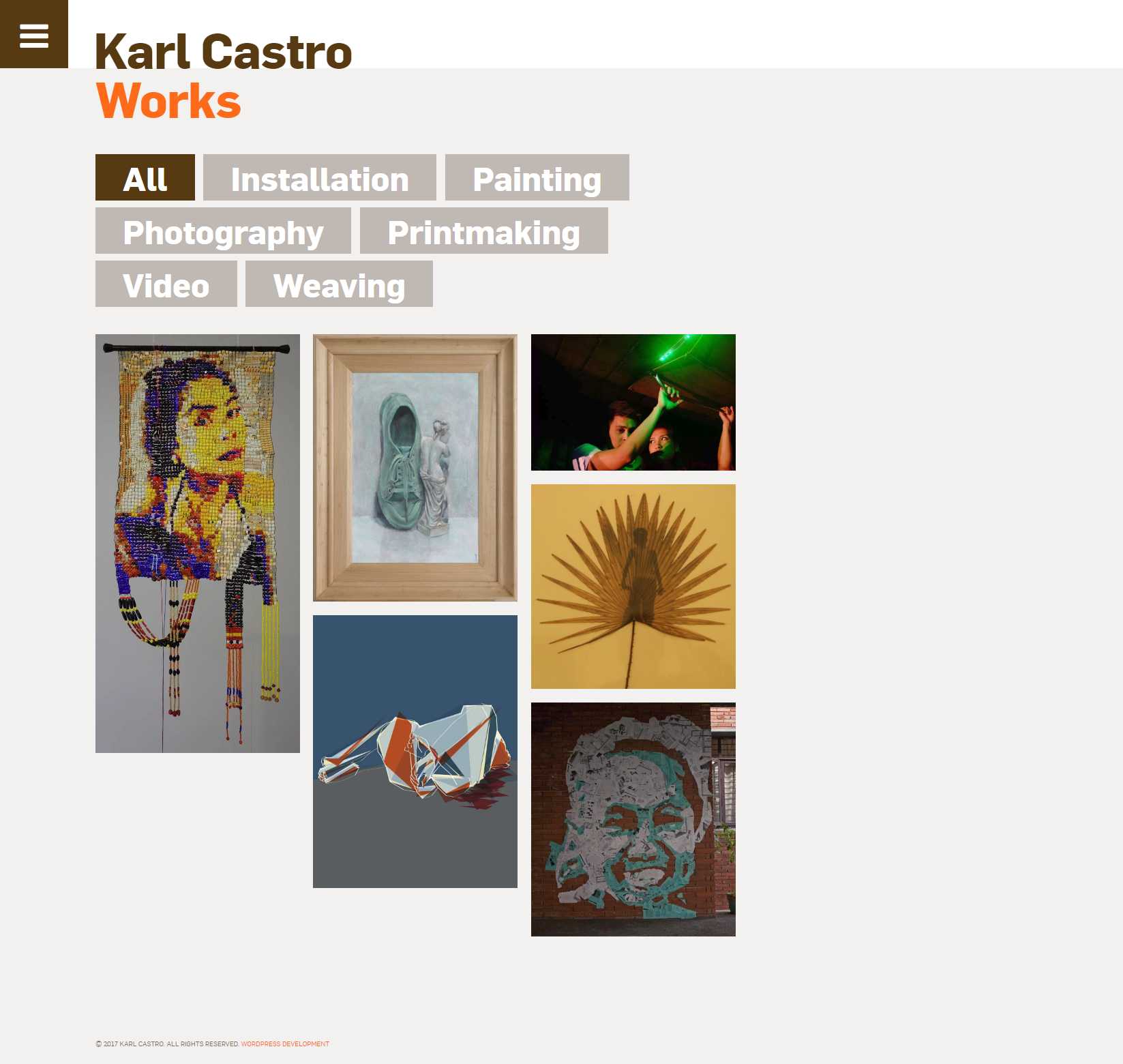 Karl Castro Works page with category filters for installation, painting, photography, printmaking, video, and weaving over a grid of artworks