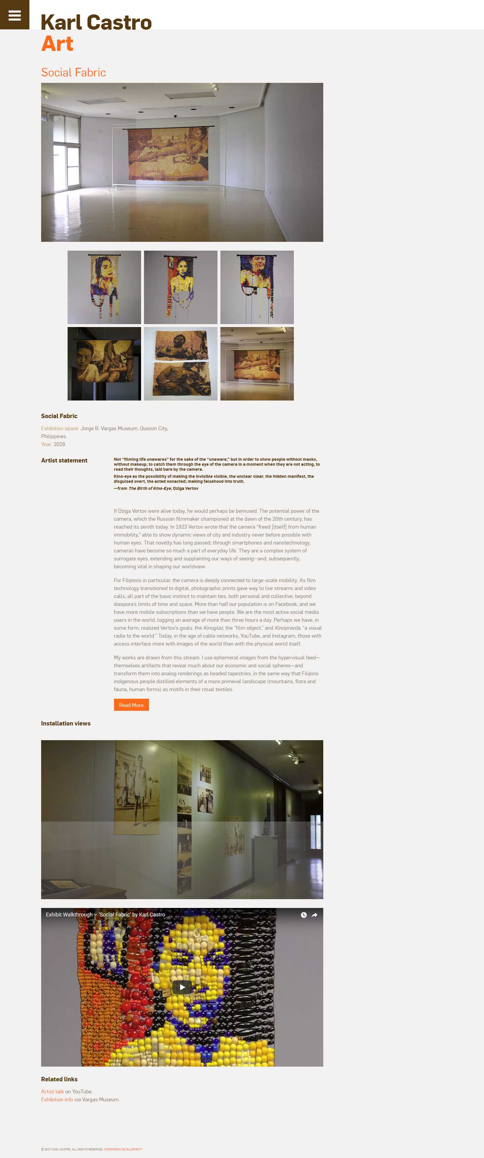 Karl Castro Social Fabric artwork page with exhibition photos, an artist statement, installation views, and an exhibit walkthrough video