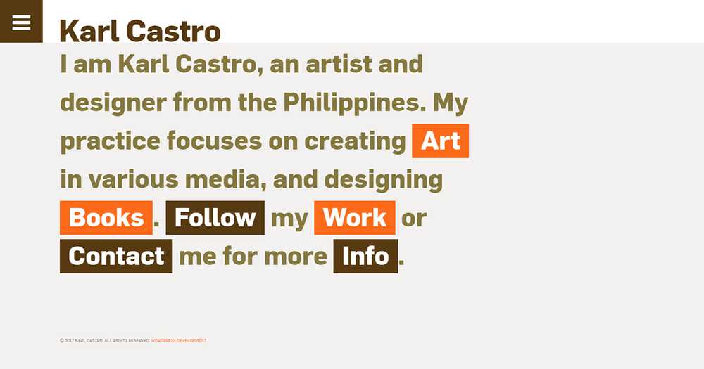 Karl Castro homepage with a large typographic introduction reading 'I am Karl Castro, an artist and designer from the Philippines'