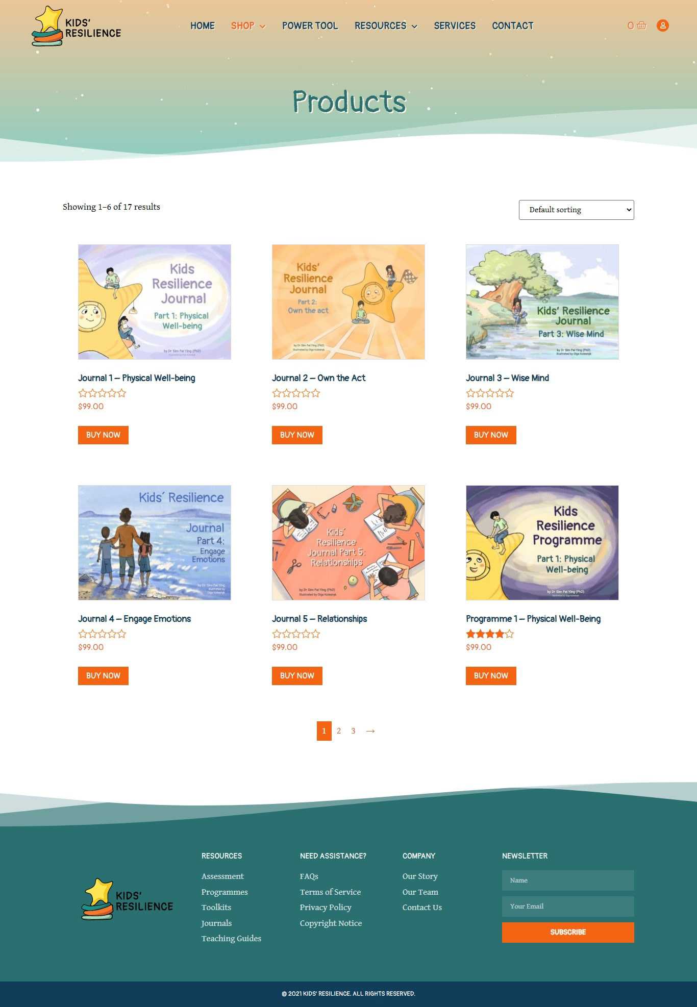Kids’ Resilience Products page listing the Kids’ Resilience Journals and Programme at $99.00 each with Buy Now buttons