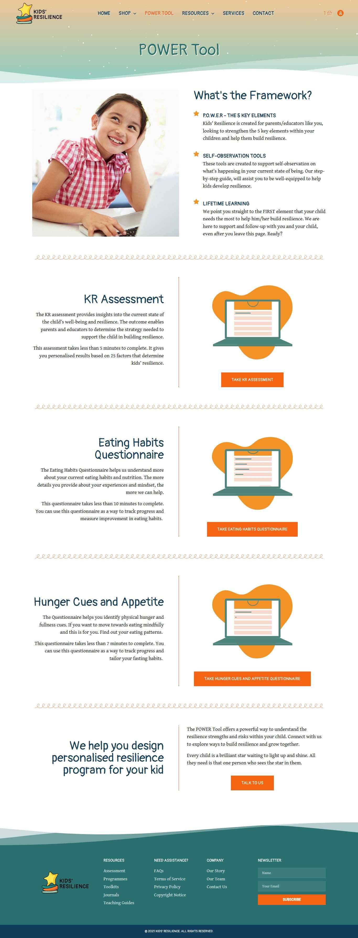 Kids’ Resilience POWER Tool page with the framework explanation, KR Assessment, Eating Habits Questionnaire, and Hunger Cues and Appetite questionnaires