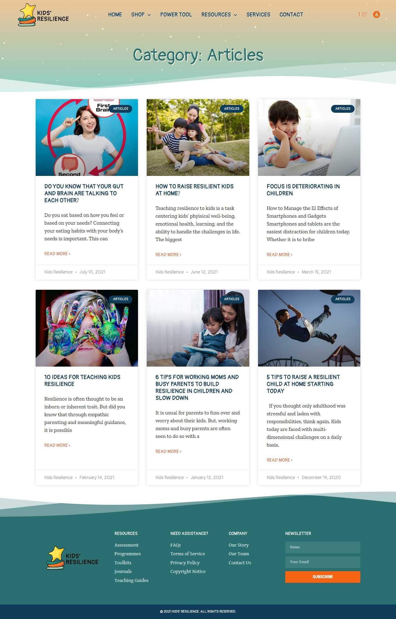 Kids’ Resilience Articles page with six article cards on raising resilient children, screen time, and teaching resilience
