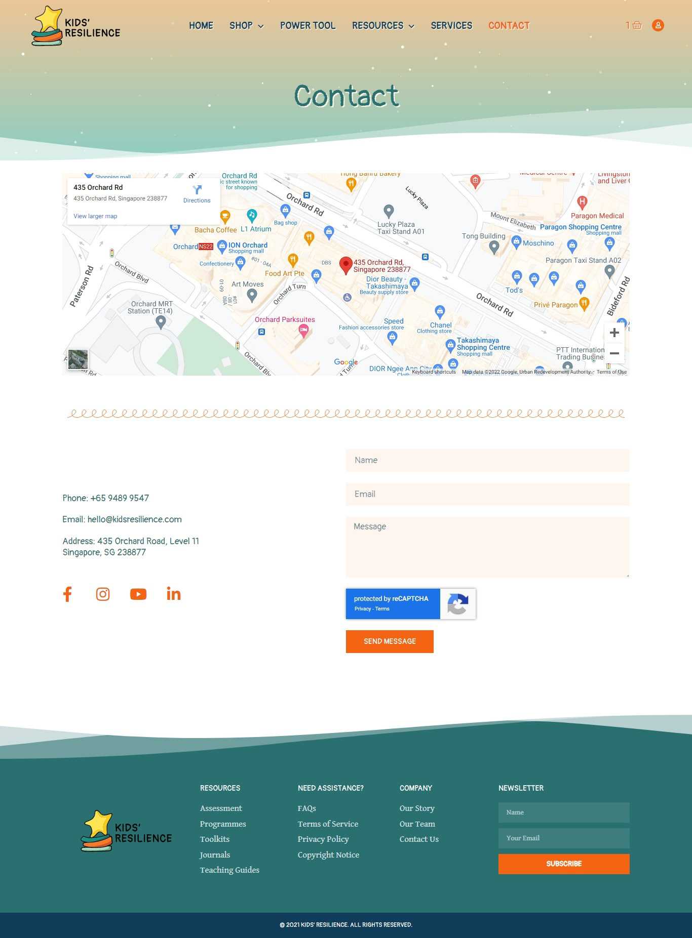 Kids’ Resilience Contact page with a Google Map of Orchard Road in Singapore and a contact form