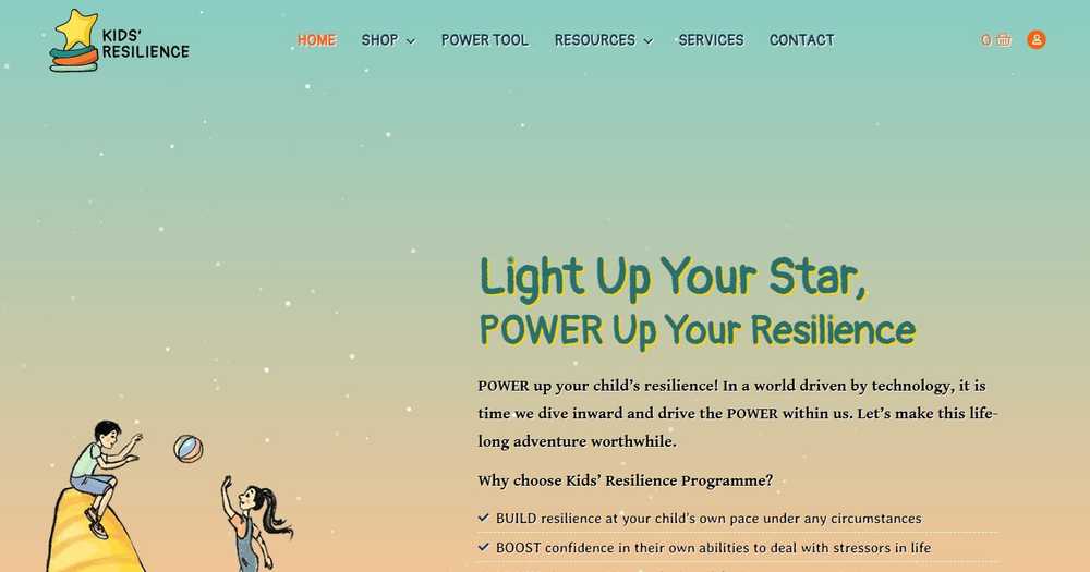 Kids’ Resilience homepage hero with the 'Light Up Your Star, POWER Up Your Resilience' headline over a mint and yellow gradient, with illustrated children playing
