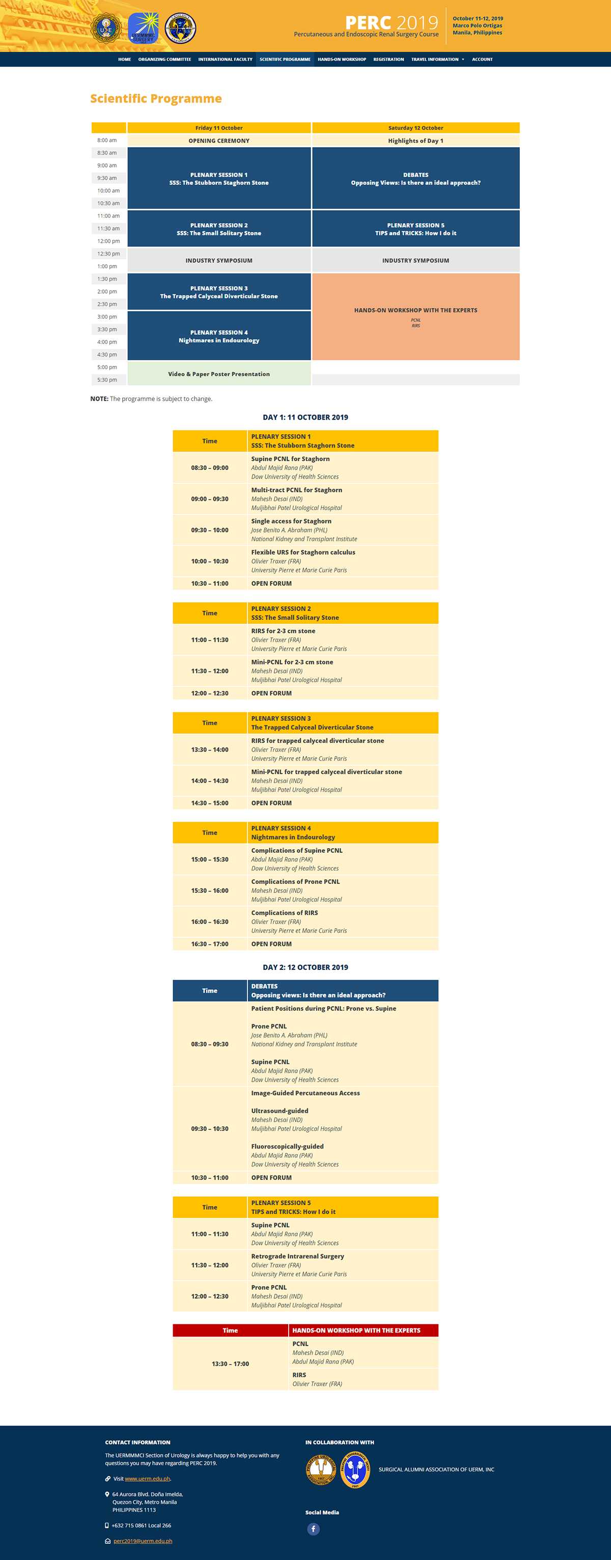 PERC 2019 Scientific Programme page with a two-day schedule of PCNL and RIRS sessions and a speaker list