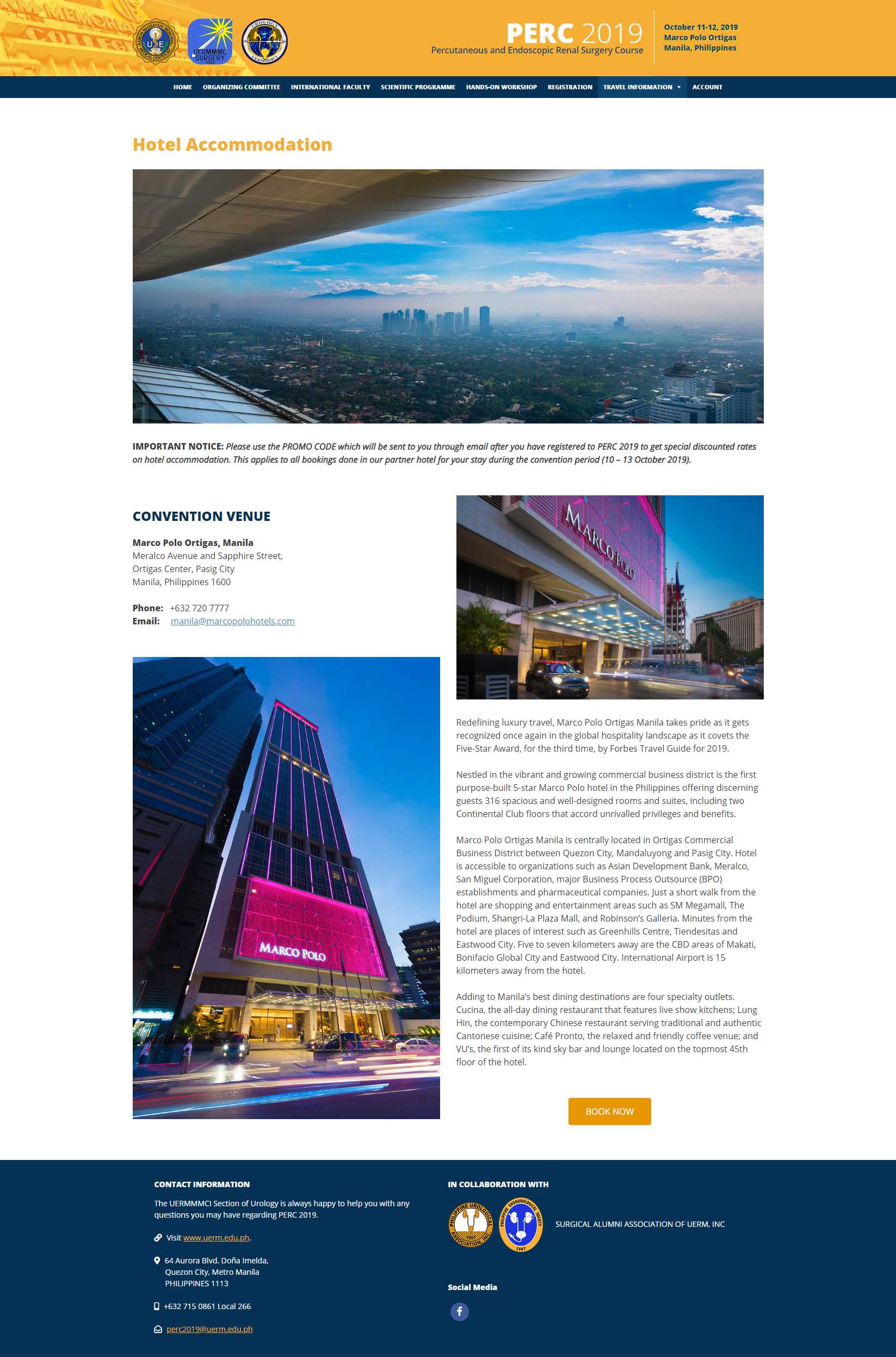 PERC 2019 Hotel Accommodation page with details and photos of the Marco Polo Ortigas Manila venue