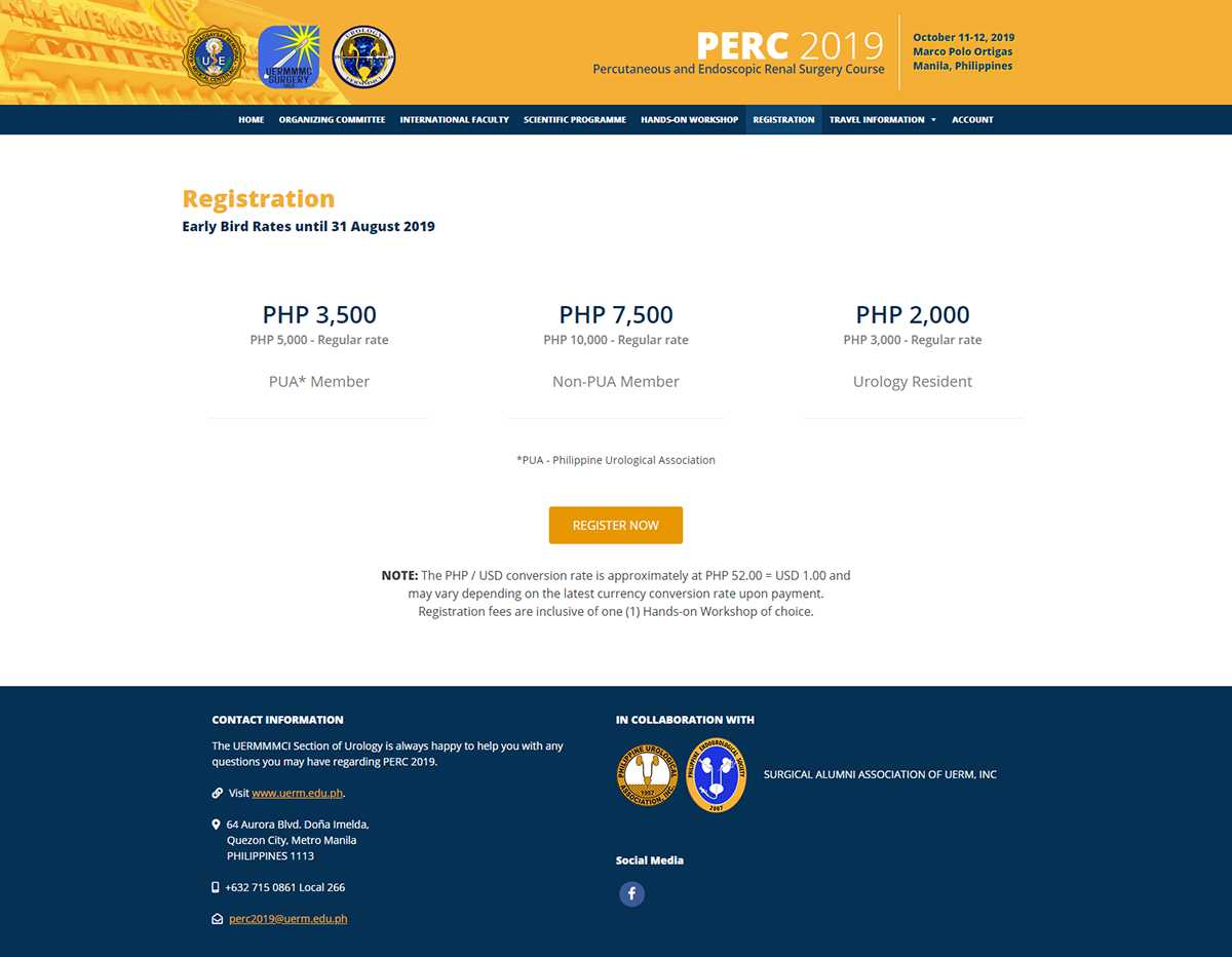 PERC 2019 Registration page with early bird rates for PUA members, non-members, and urology residents