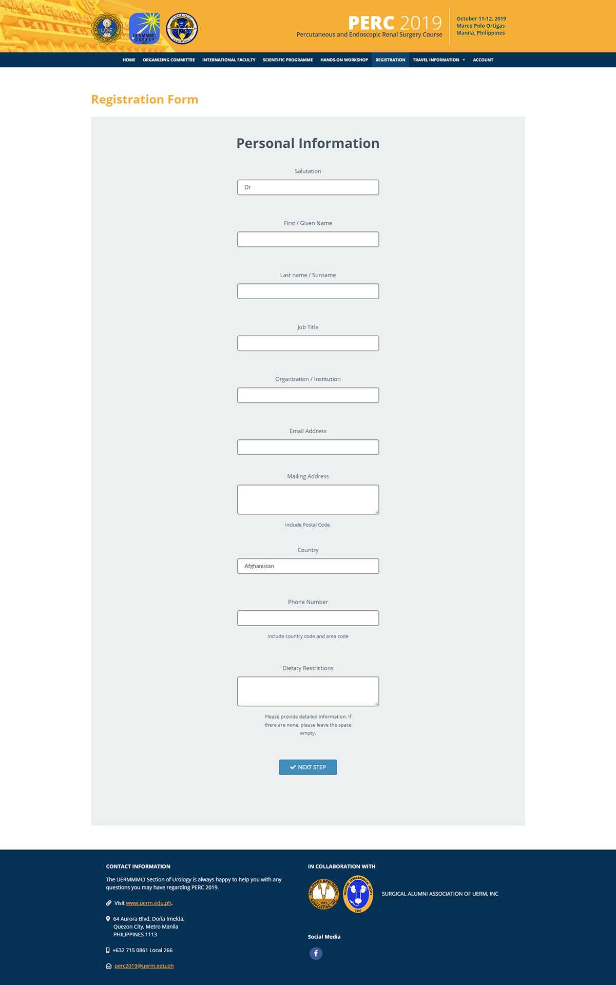 PERC 2019 Registration Form with personal information fields for name, institution, email, and country