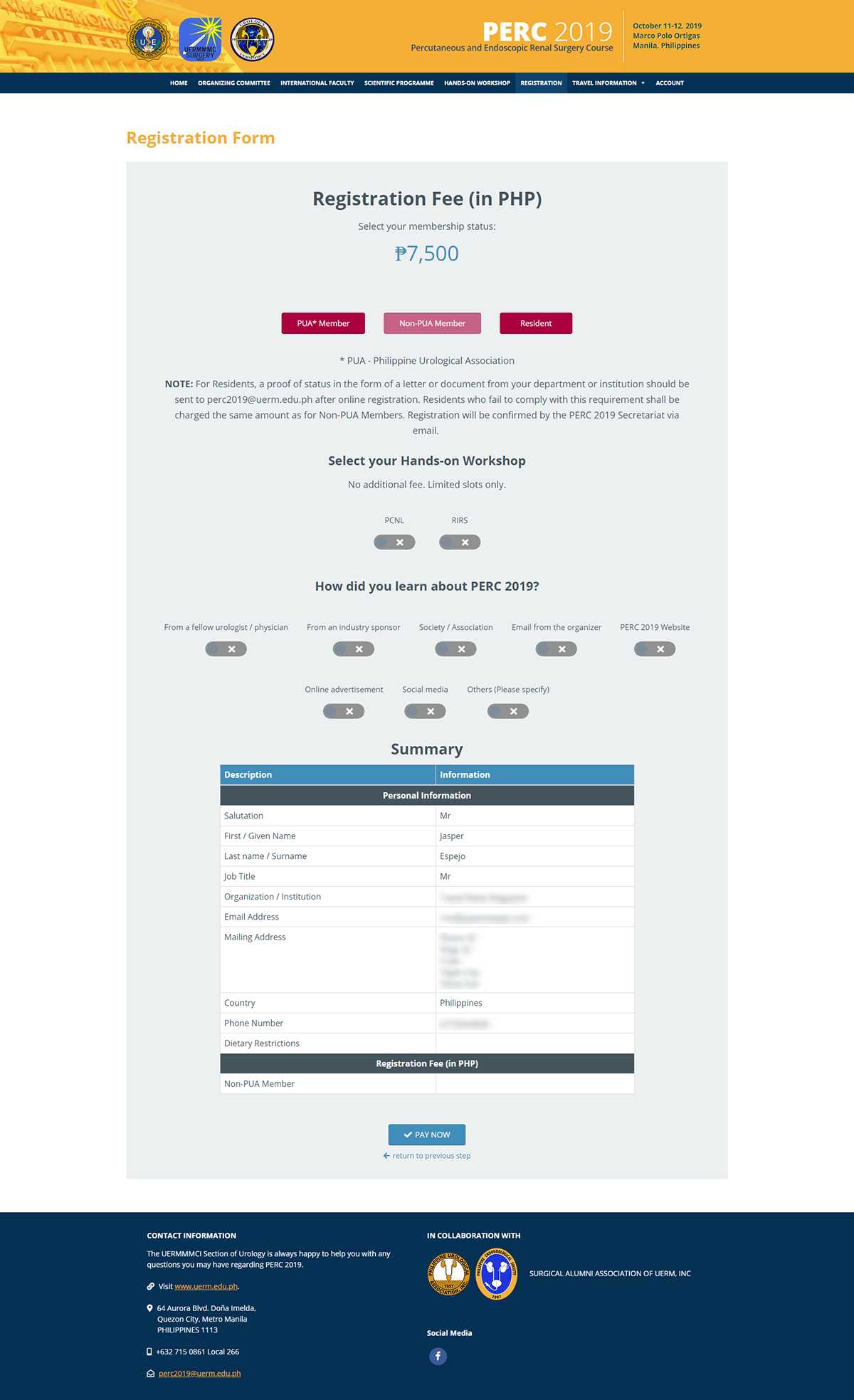 PERC 2019 Registration Form with membership fee selection, hands-on workshop choice, and a registration summary