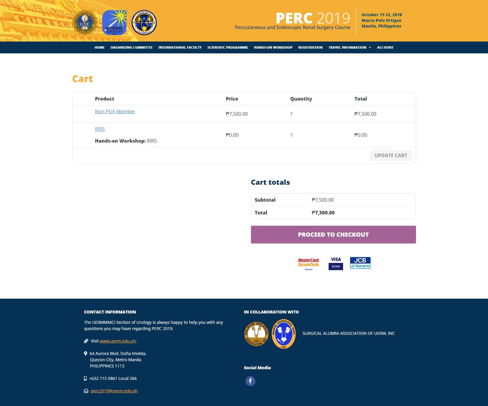 PERC 2019 WooCommerce cart showing a Non-PUA Member registration fee and RIRS workshop with checkout