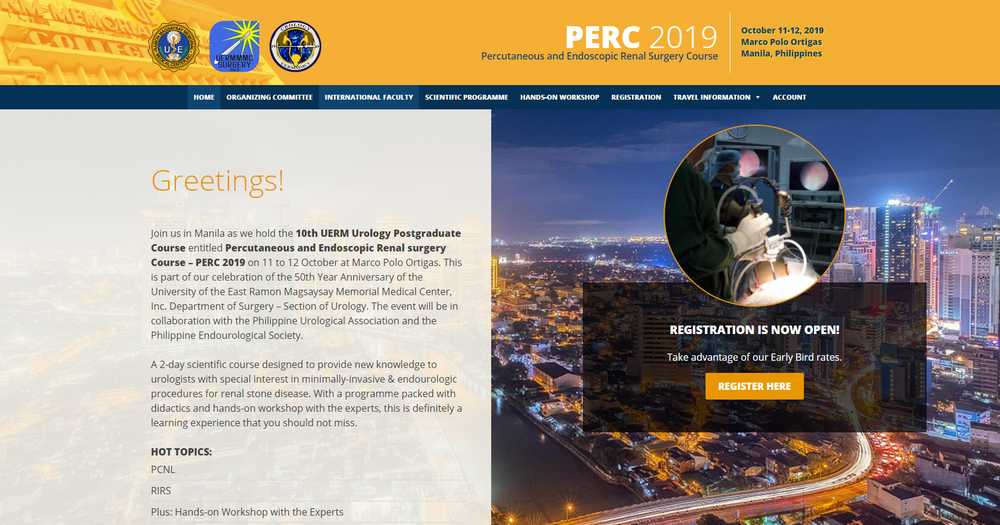 PERC 2019 conference homepage with a Manila skyline, a surgical procedure photo, and an open registration call to action