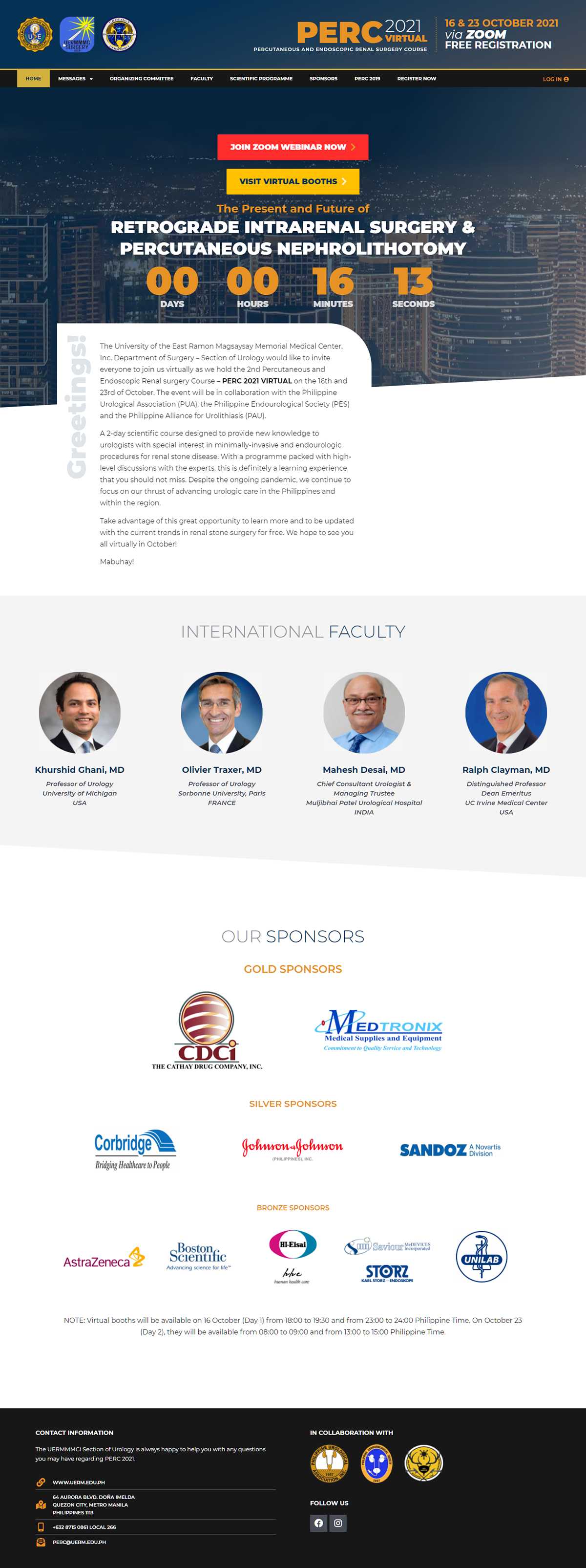 PERC 2021 Virtual homepage with the International Faculty line-up, the gold, silver, and bronze sponsors, and the free registration call to action