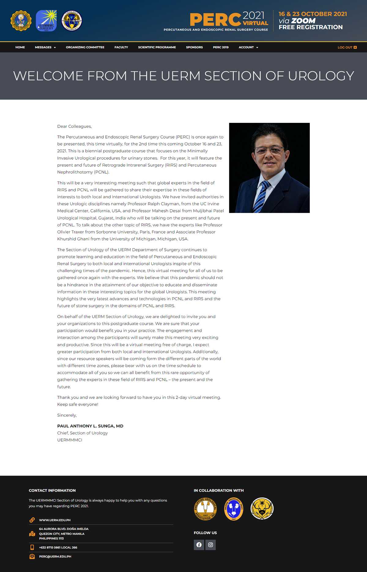PERC 2021 welcome message from the UERM Section of Urology, a letter from Chief Paul Anthony L. Sunga, MD, with his portrait
