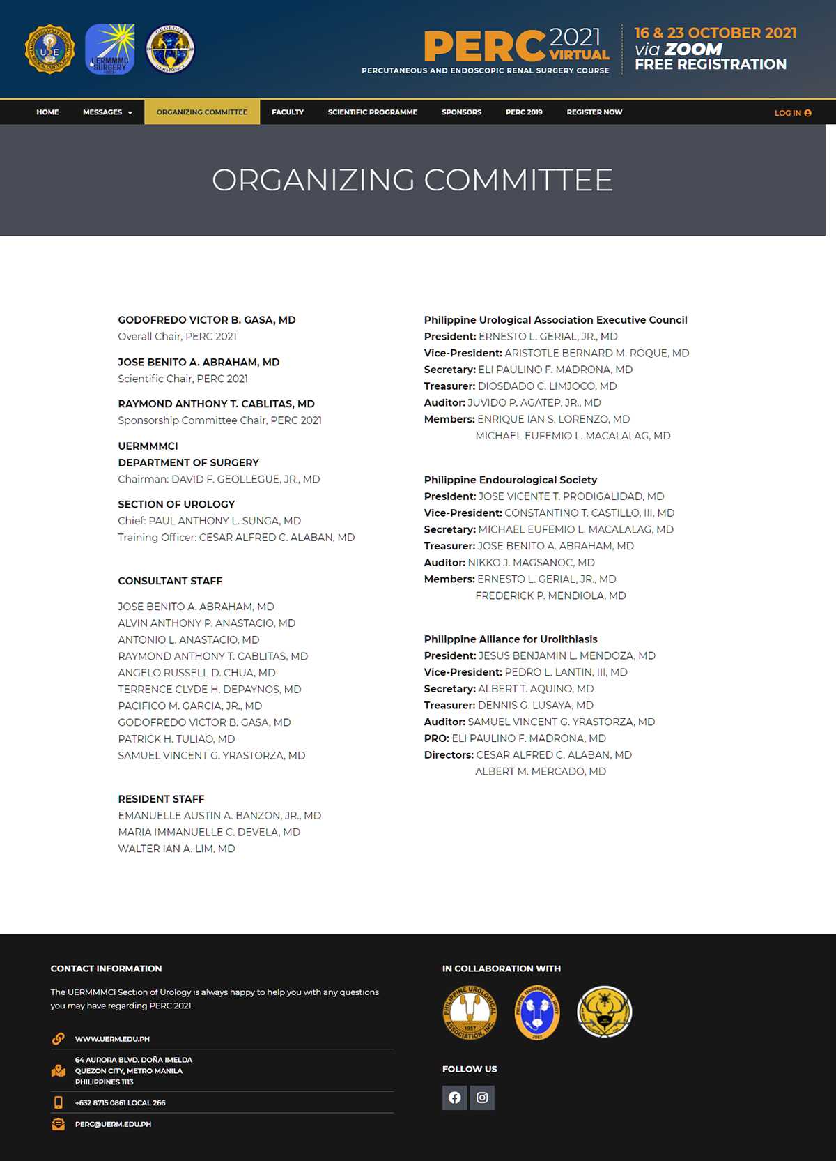 PERC 2021 Organizing Committee page listing the UERMMMCI Section of Urology officers alongside the PUA, PES, and PAU executive councils