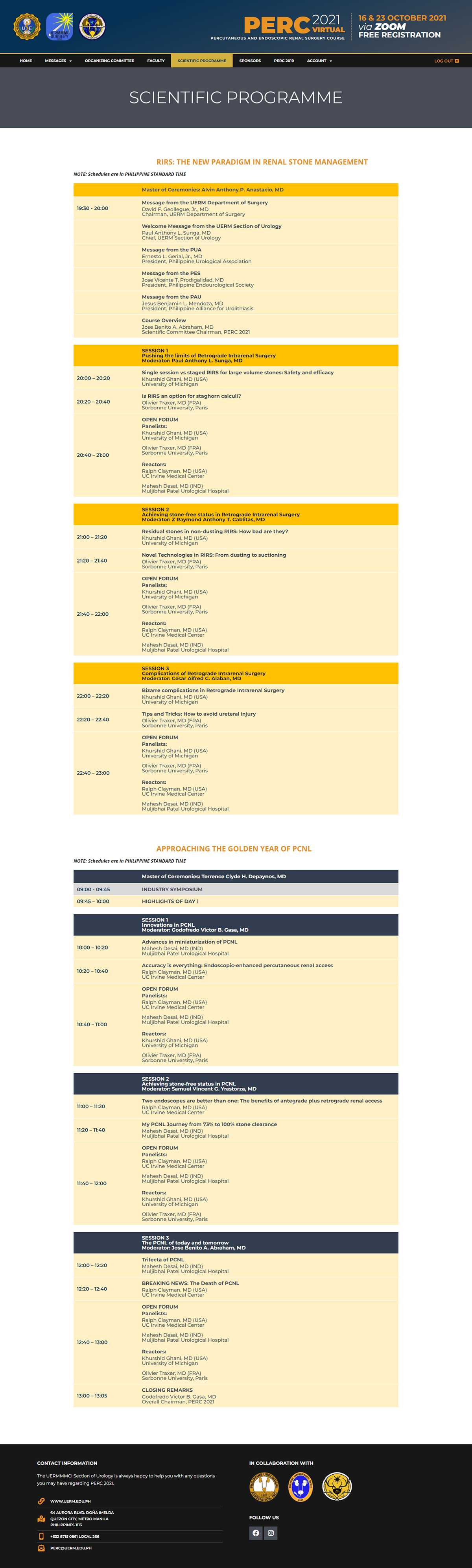 PERC 2021 Scientific Programme page with the Day 1 RIRS and Day 2 PCNL session schedules, moderators, and speakers
