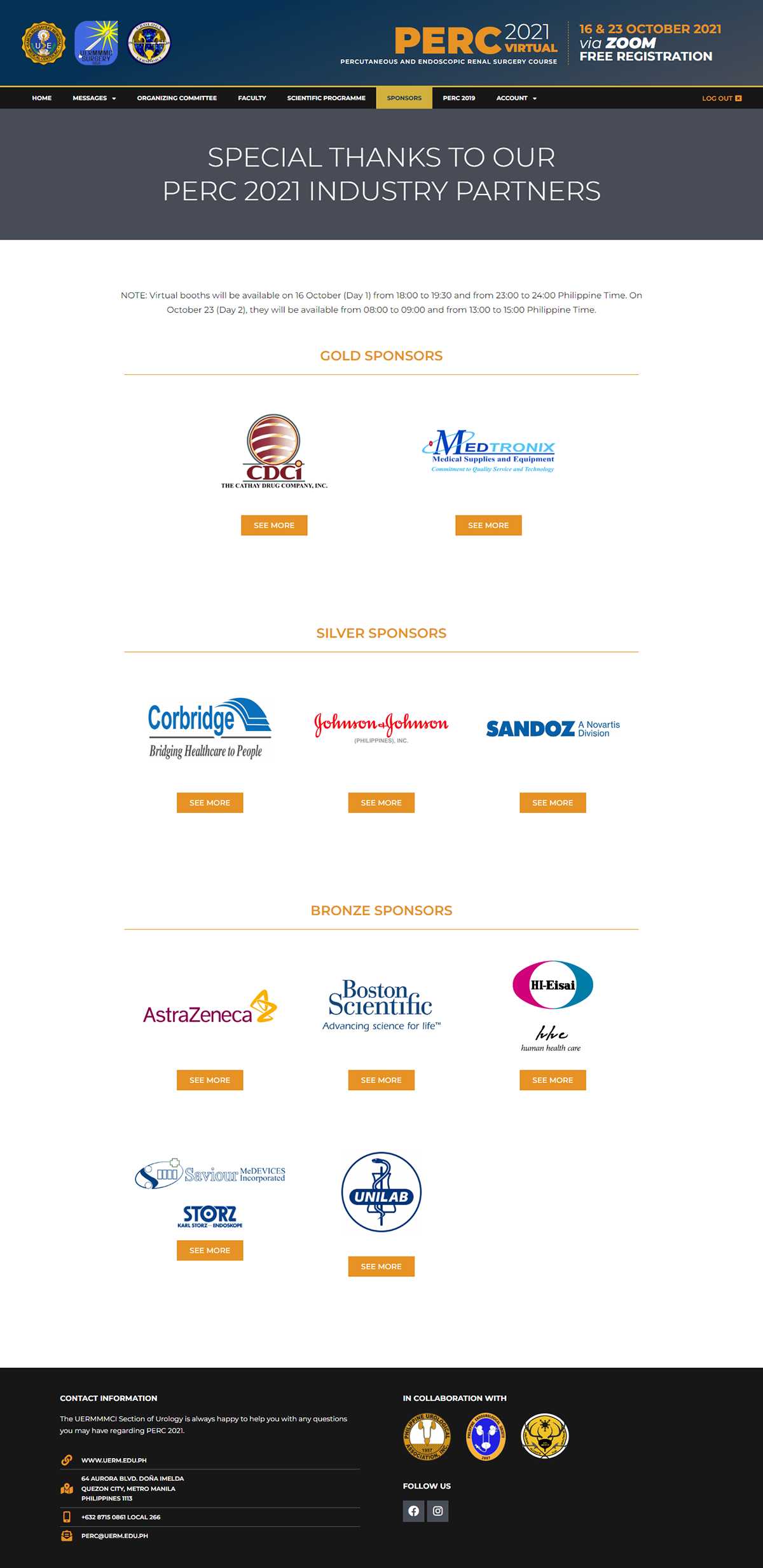 PERC 2021 industry partners page listing gold, silver, and bronze sponsors with See More buttons