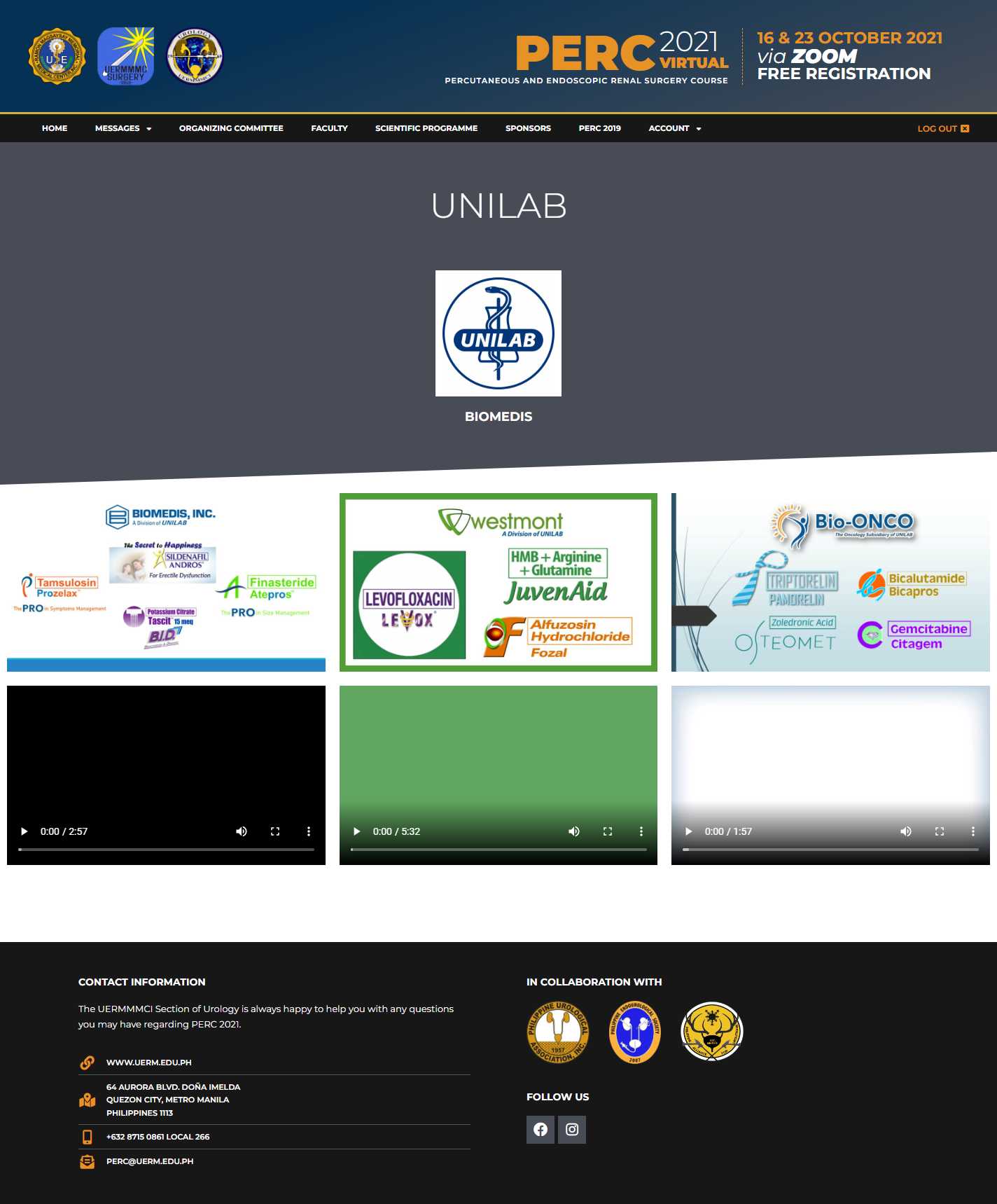 PERC 2021 Unilab sponsor page with Biomedis, Westmont, and Bio-Onco product banners and embedded videos