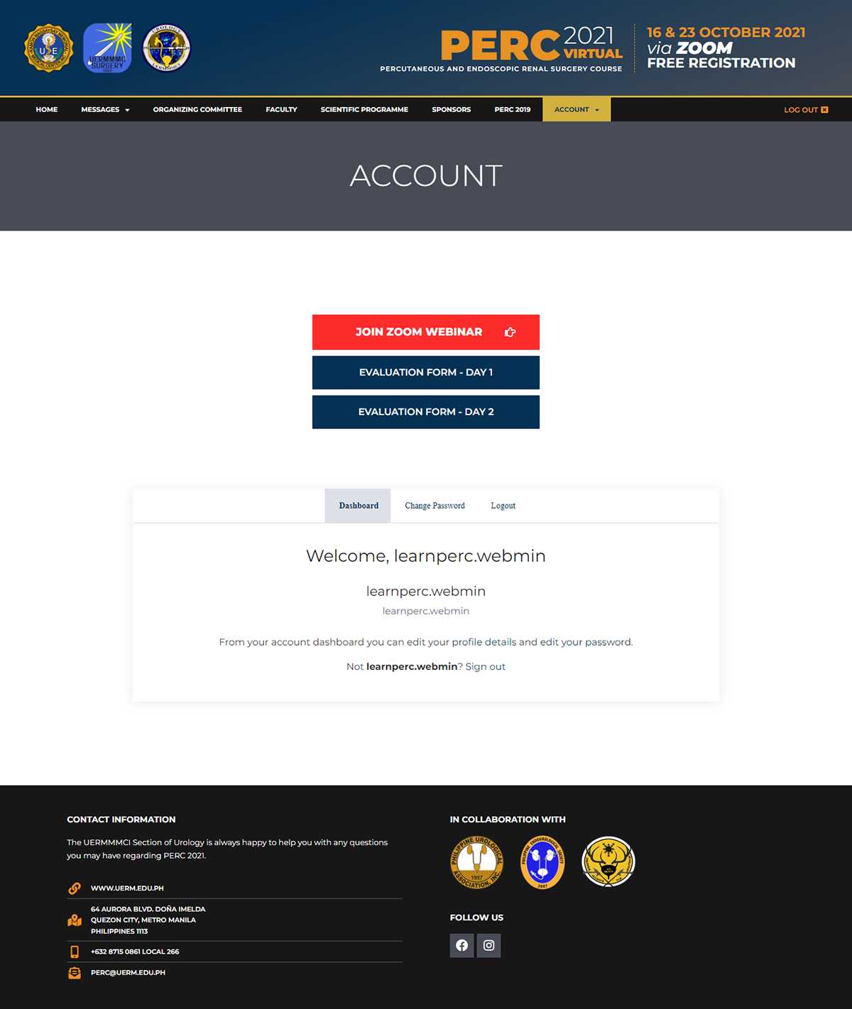 PERC 2021 account dashboard with Join Zoom Webinar and Evaluation Form buttons for Day 1 and Day 2