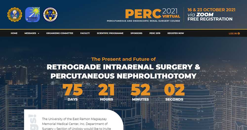 PERC 2021 Virtual homepage hero with the course title and a countdown over a Manila skyline at night, and the free Zoom registration dates