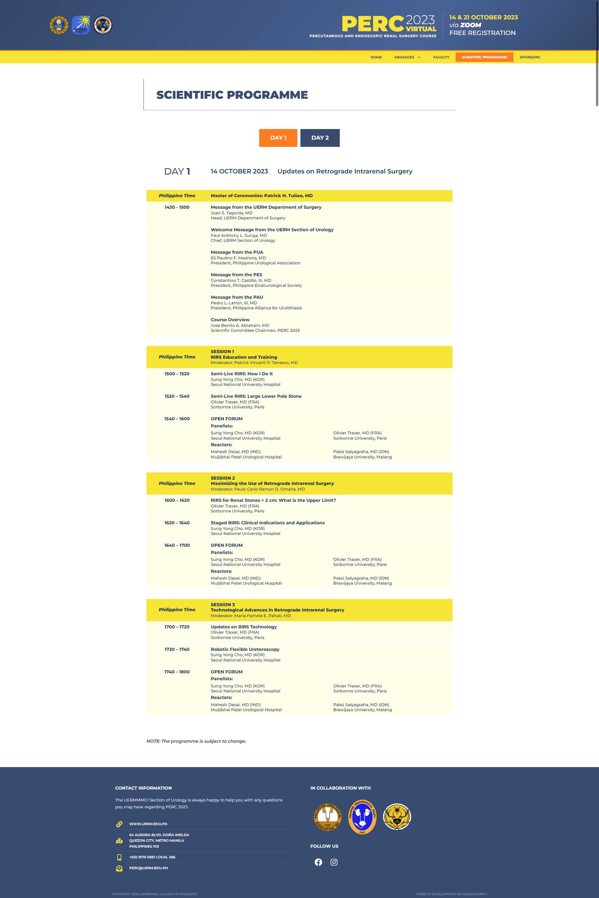 PERC 2023 Scientific Programme page with the Day 1 schedule of retrograde intrarenal surgery sessions