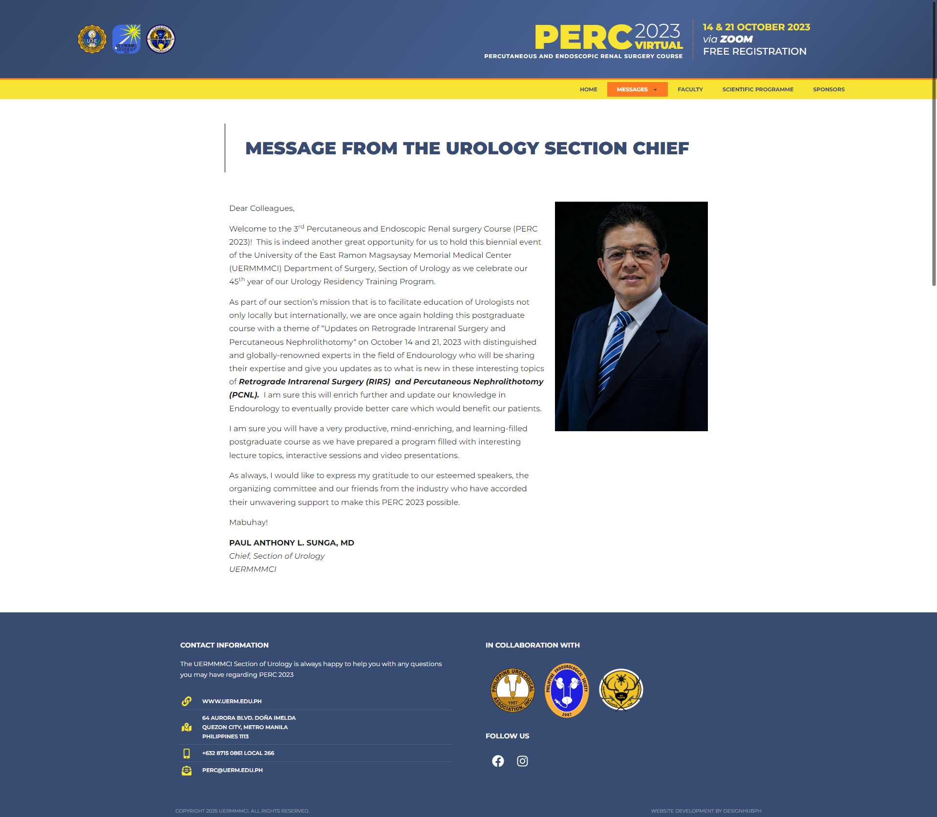 PERC 2023 message from the Urology Section Chief with welcome text and speaker photo