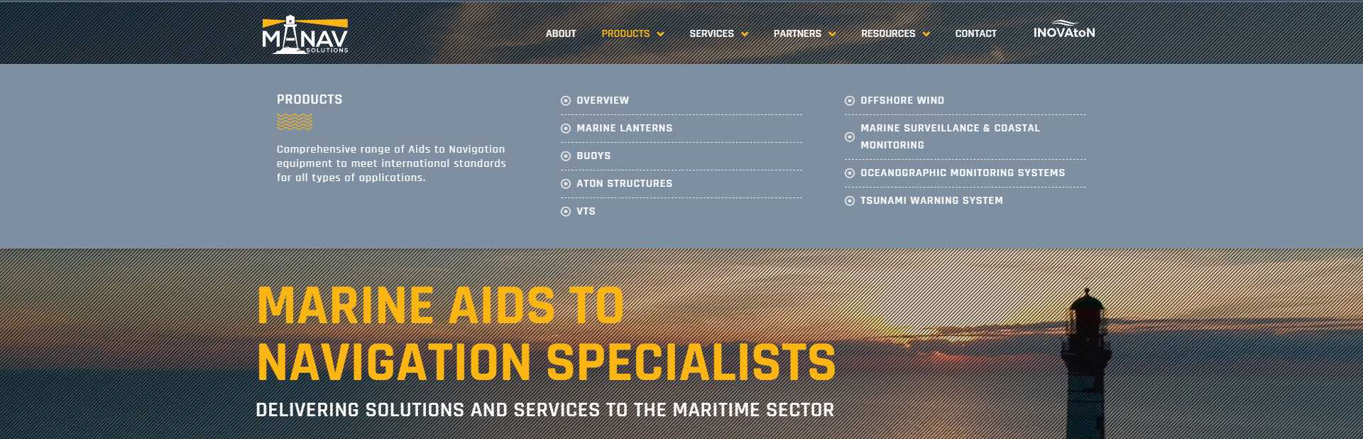 M-NAV Solutions Products menu open, listing marine lanterns, buoys, ATON structures, VTS, offshore wind, and monitoring systems