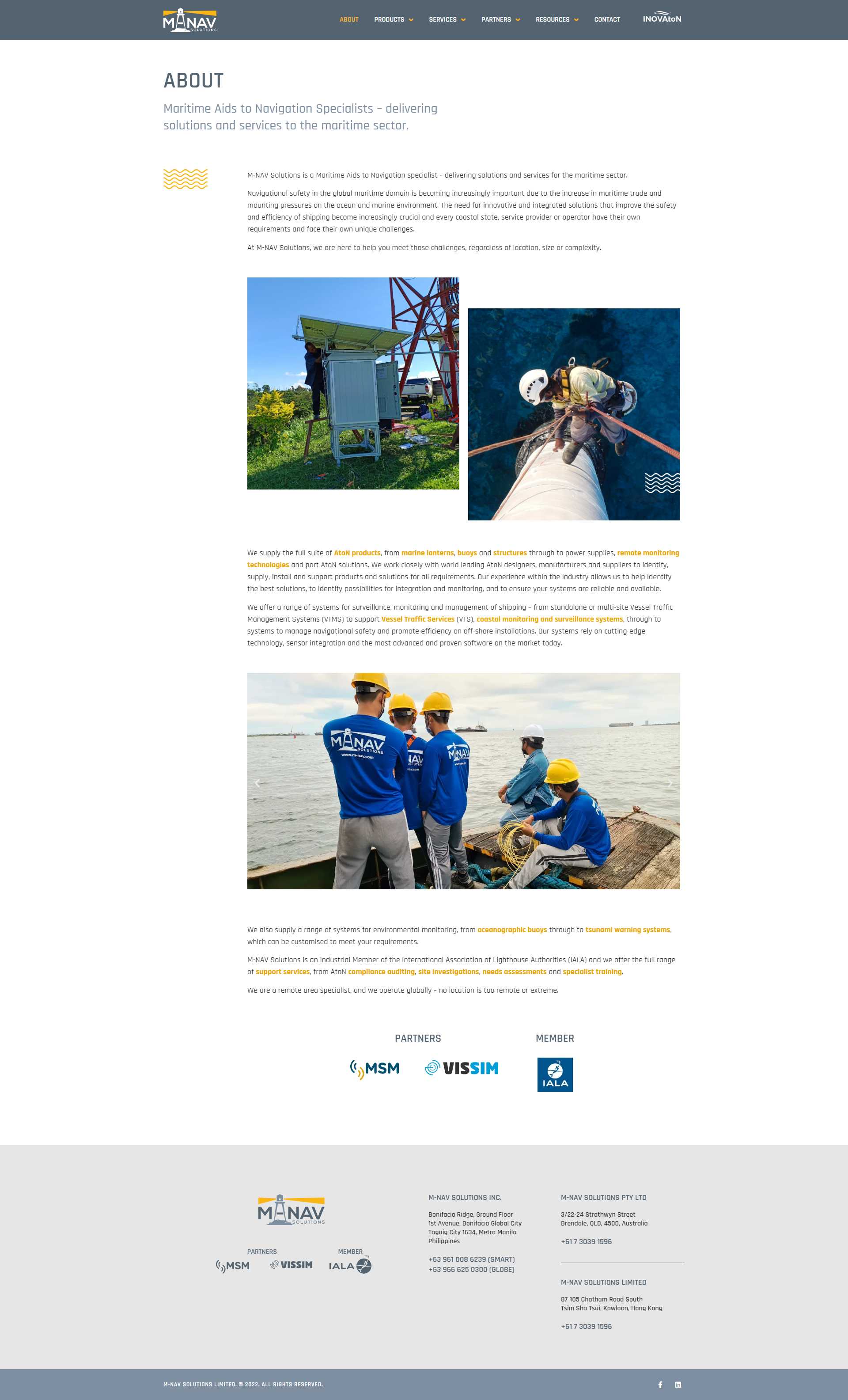 M-NAV Solutions About Us page with ATON installation photos, a team in M-NAV uniforms on a boat, and MSM, VISSIM, and IALA partner logos