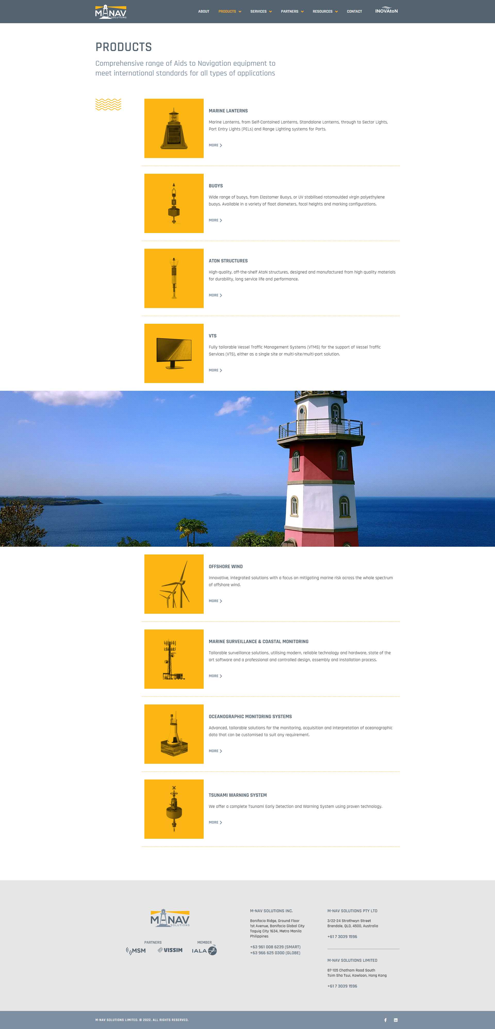 M-NAV Solutions Products page listing its ATON range beside a lighthouse photo