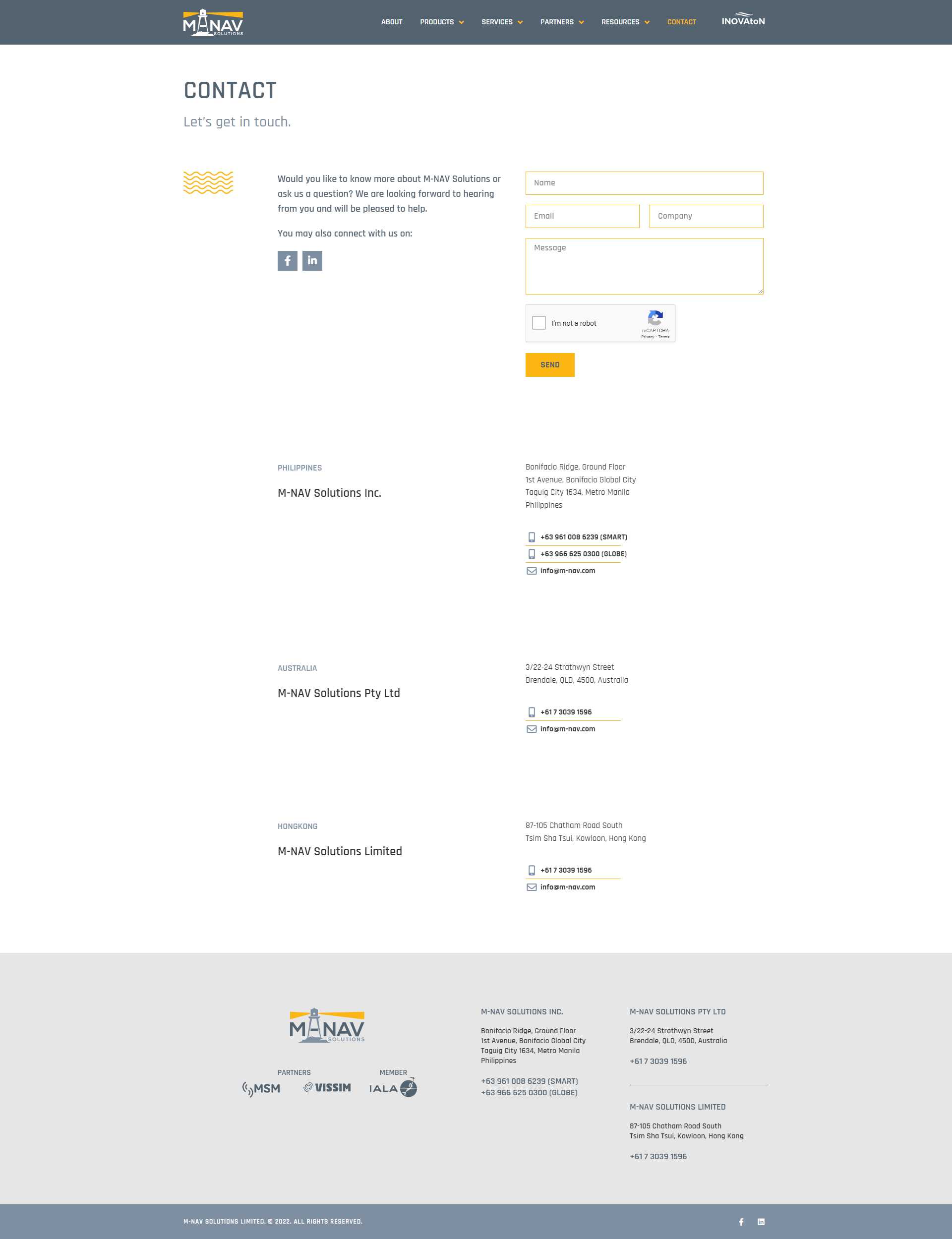 M-NAV Solutions Contact page with an enquiry form and its Philippines, Australia, and Hong Kong office addresses