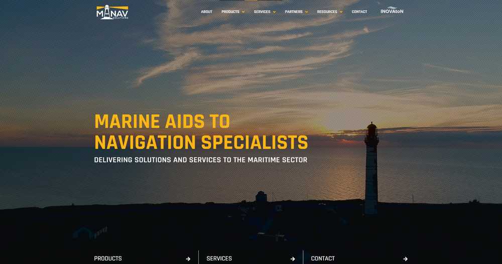 M-NAV Solutions homepage hero with a lighthouse at dusk and the headline 'Marine Aids to Navigation Specialists'