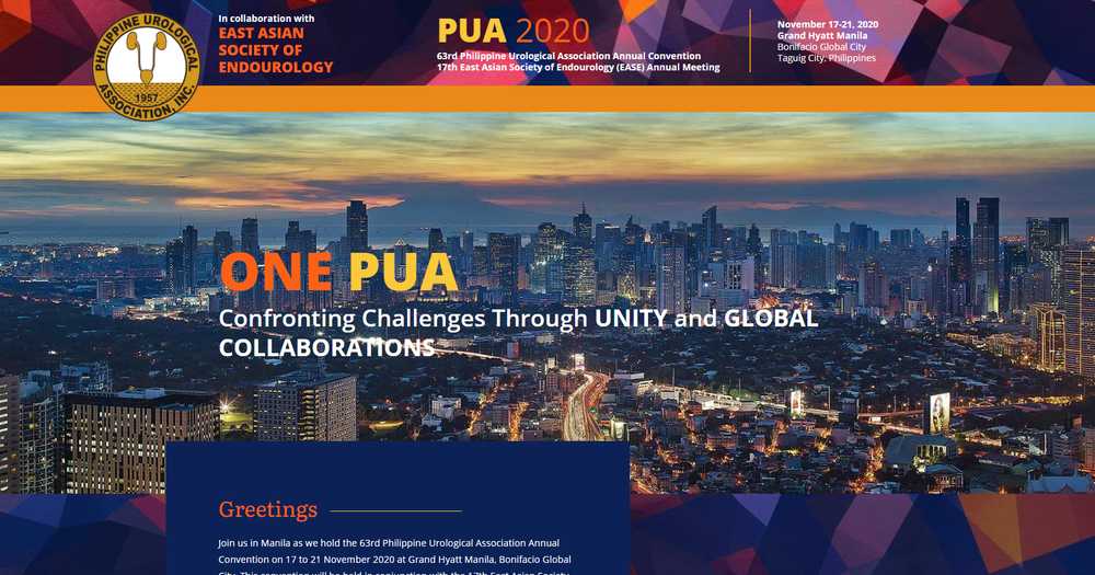 ONE PUA 2020 homepage hero with a Manila skyline at dusk and the headline 'ONE PUA: Confronting Challenges Through Unity and Global Collaborations'