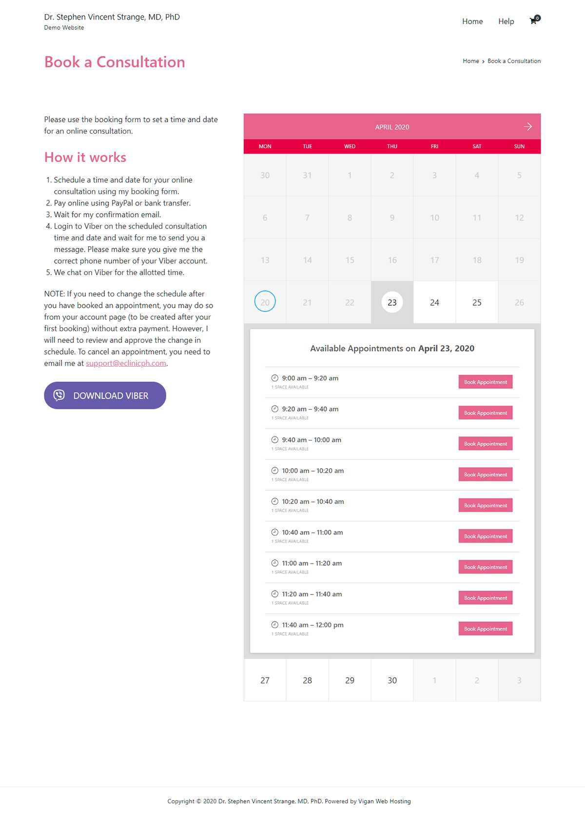 Online Clinic Booking page with how-it-works steps, a PayPal and bank transfer note, an April 2020 calendar, and available appointment slots