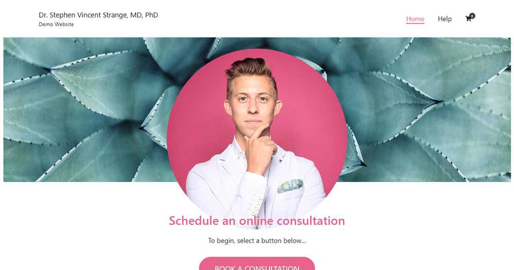 Online Clinic Booking demo homepage with a doctor's portrait in a pink circle over a green leaf background and a 'Schedule an online consultation' heading