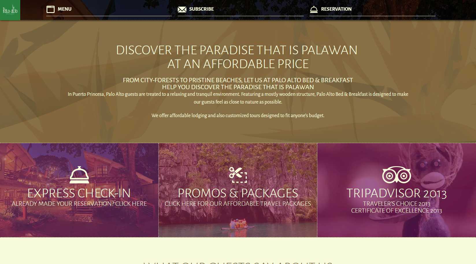 Palo Alto Bed & Breakfast homepage section headed 'Discover the paradise that is Palawan at an affordable price' with Express Check-in, Promos & Packages, and TripAdvisor 2013 tiles
