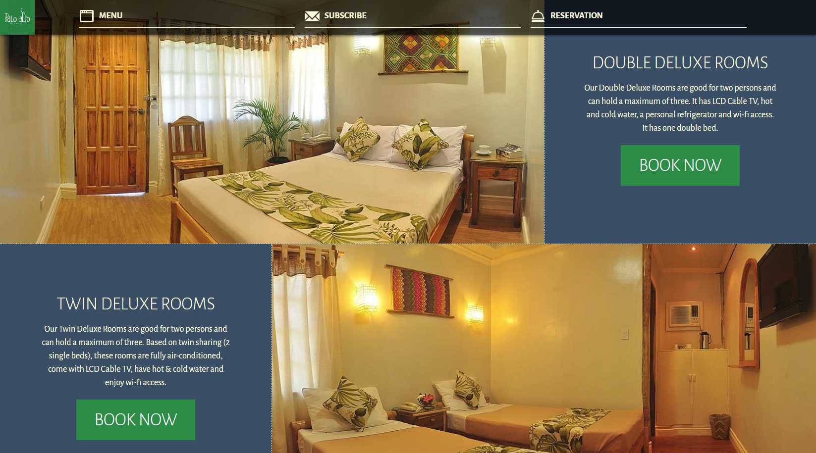Palo Alto Bed & Breakfast Double Deluxe and Twin Deluxe room sections with room descriptions and Book Now buttons