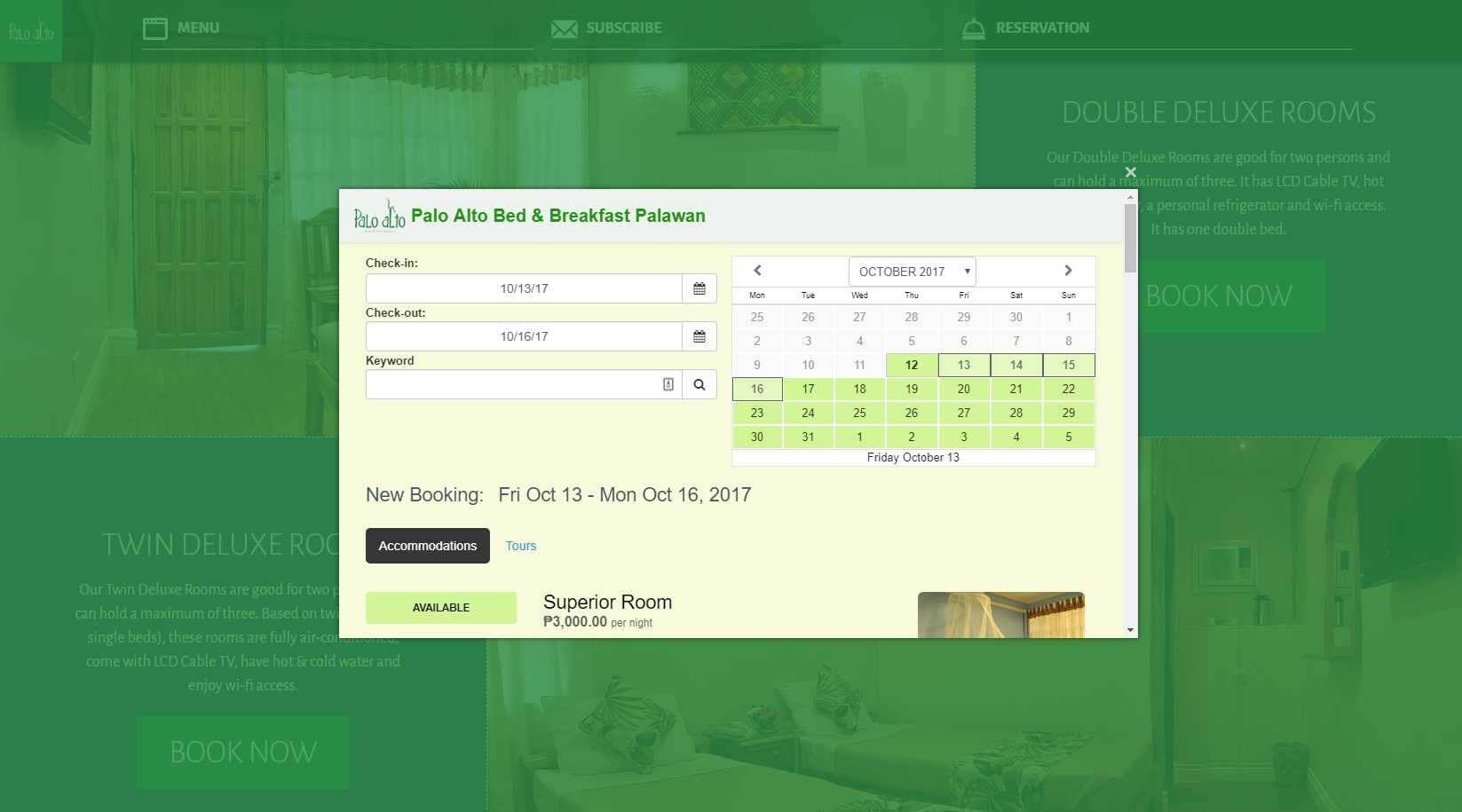 Palo Alto Bed & Breakfast booking widget with check-in and check-out dates, an October 2017 calendar, and a Superior Room at ₱3,000 per night