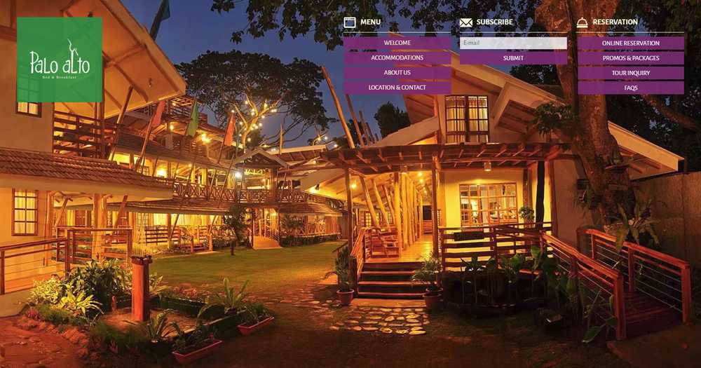 Palo Alto Bed & Breakfast homepage hero with the wooden B&B buildings lit at dusk and the menu, subscribe, and reservation navigation panels