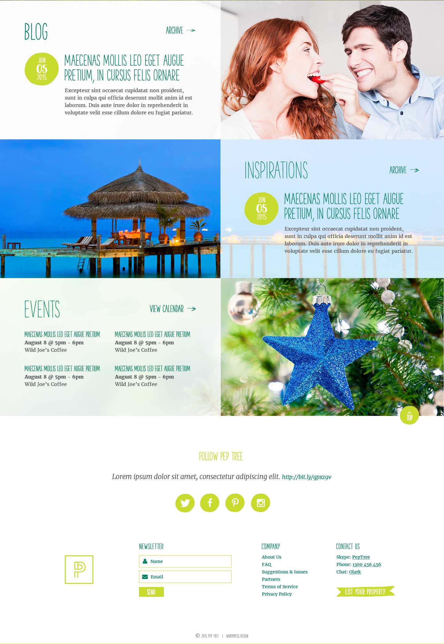 Peptree homepage blog, inspirations, and events sections above the Follow Pep Tree links, newsletter sign-up, and contact footer