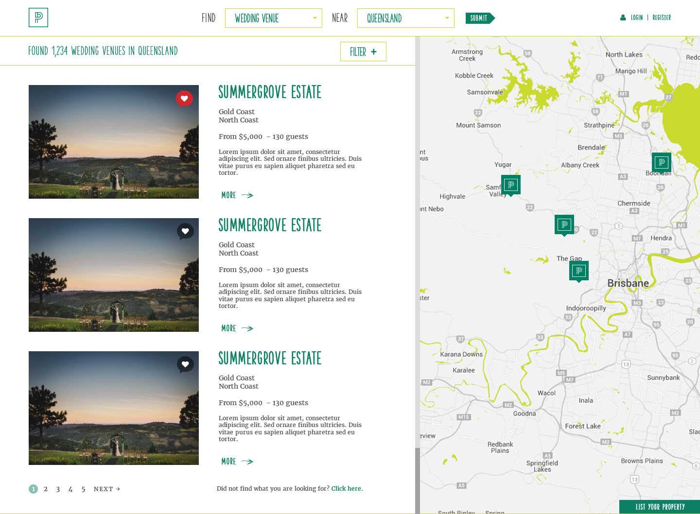 Peptree search results page showing wedding venue listings beside a Queensland map with Pep Tree venue pins