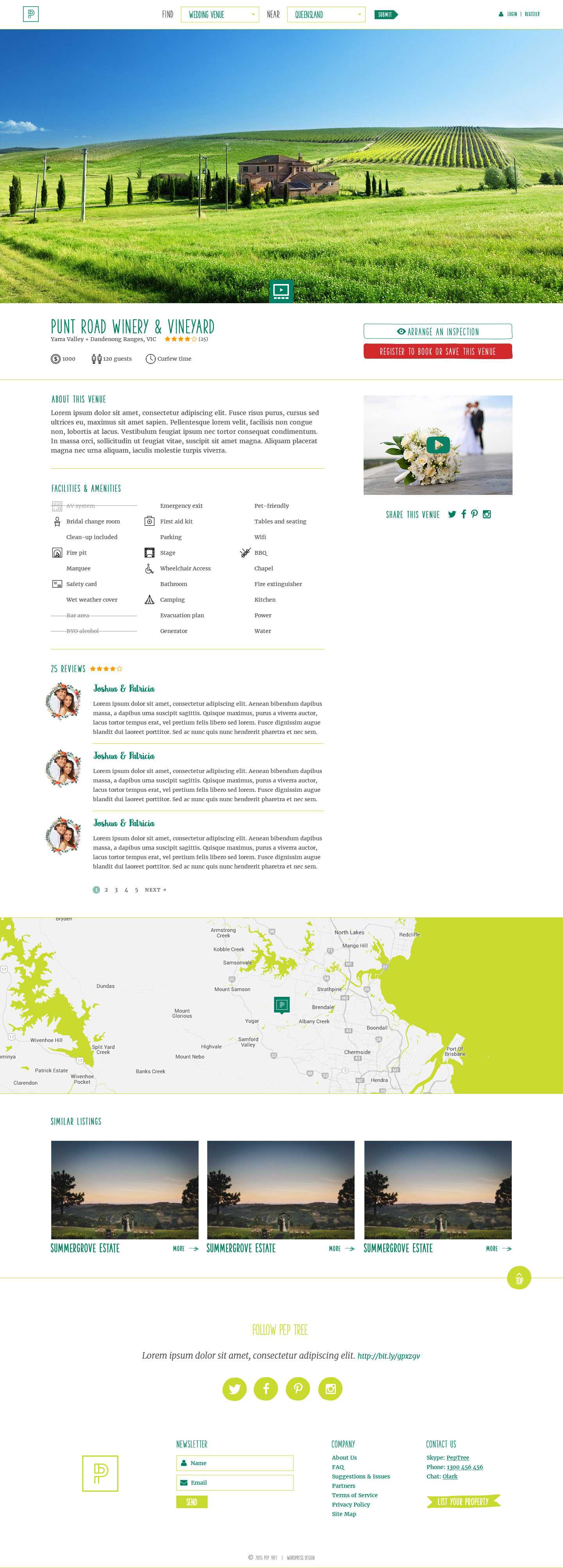 Peptree venue detail page for Punt Road Winery & Vineyard with its facilities and amenities checklist, guest reviews, and similar listings