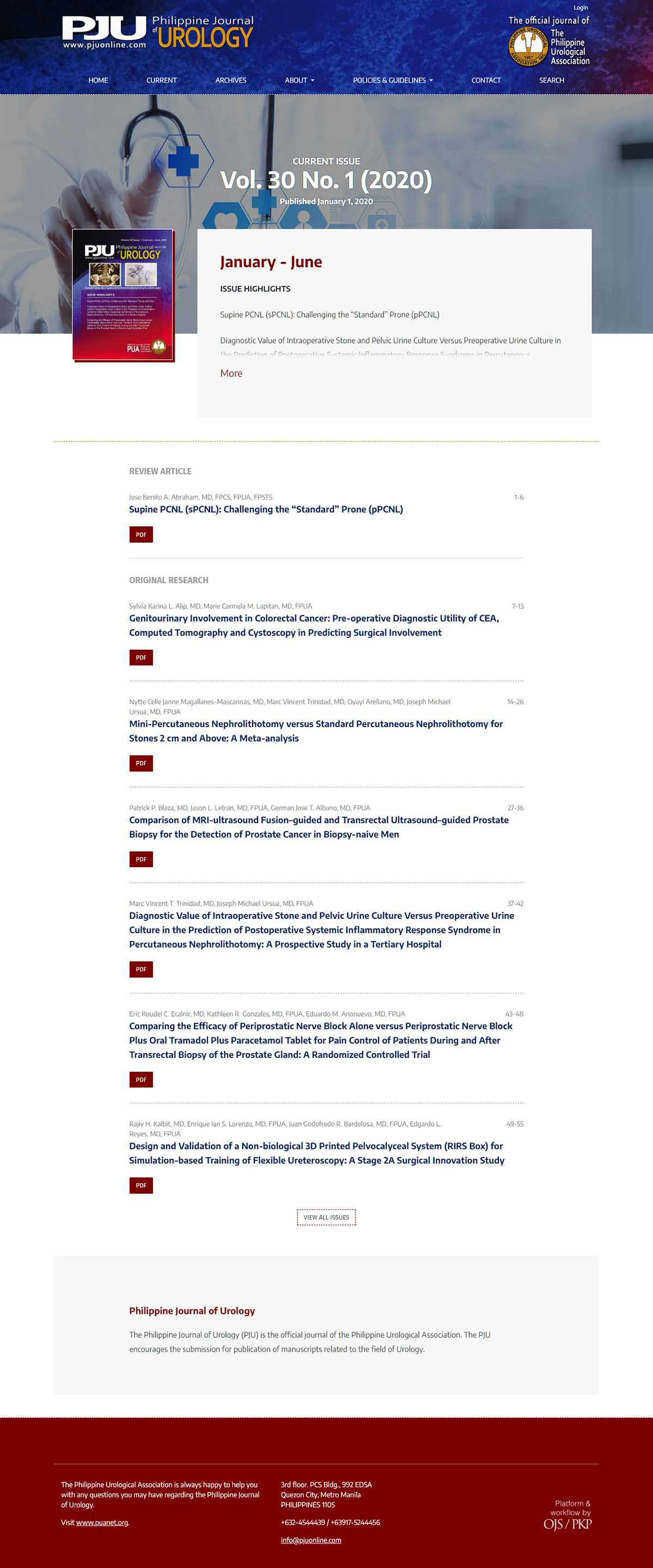 Philippine Journal of Urology current issue page listing its review and original research articles with author names, page numbers, and PDF buttons