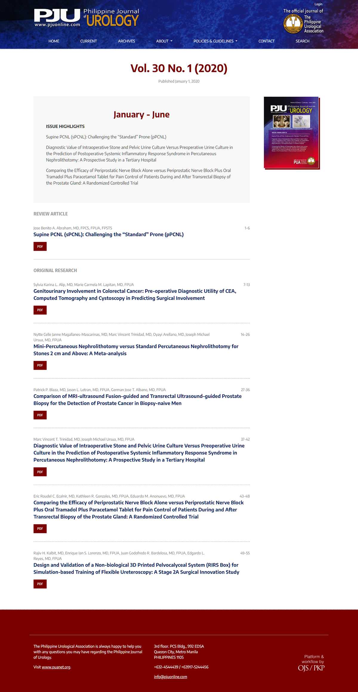 Philippine Journal of Urology archive page for Vol. 30 No. 1 (2020) with issue highlights and the issue's article list