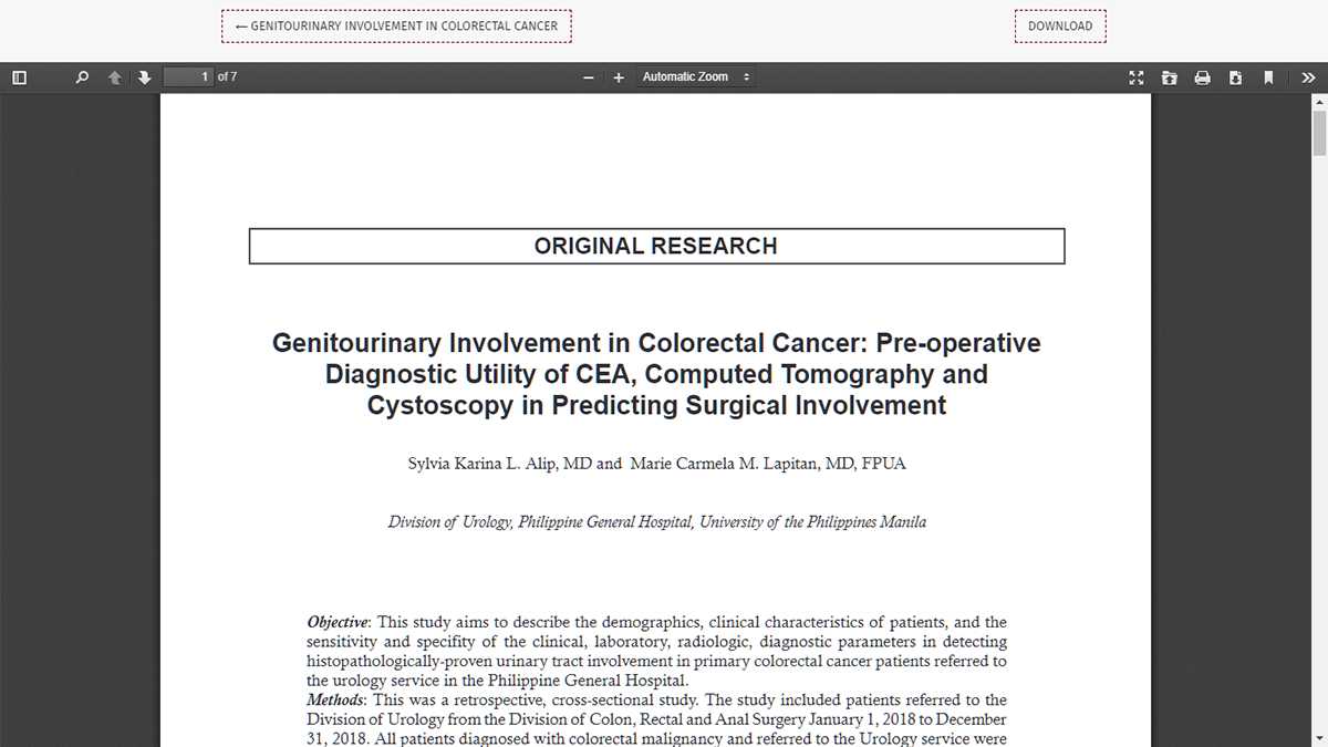 Philippine Journal of Urology embedded PDF viewer showing the first page of an article with a Download button