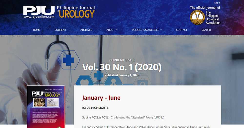 Philippine Journal of Urology homepage with the PJU header, the Philippine Urological Association seal, and the current issue Vol. 30 No. 1 (2020) banner