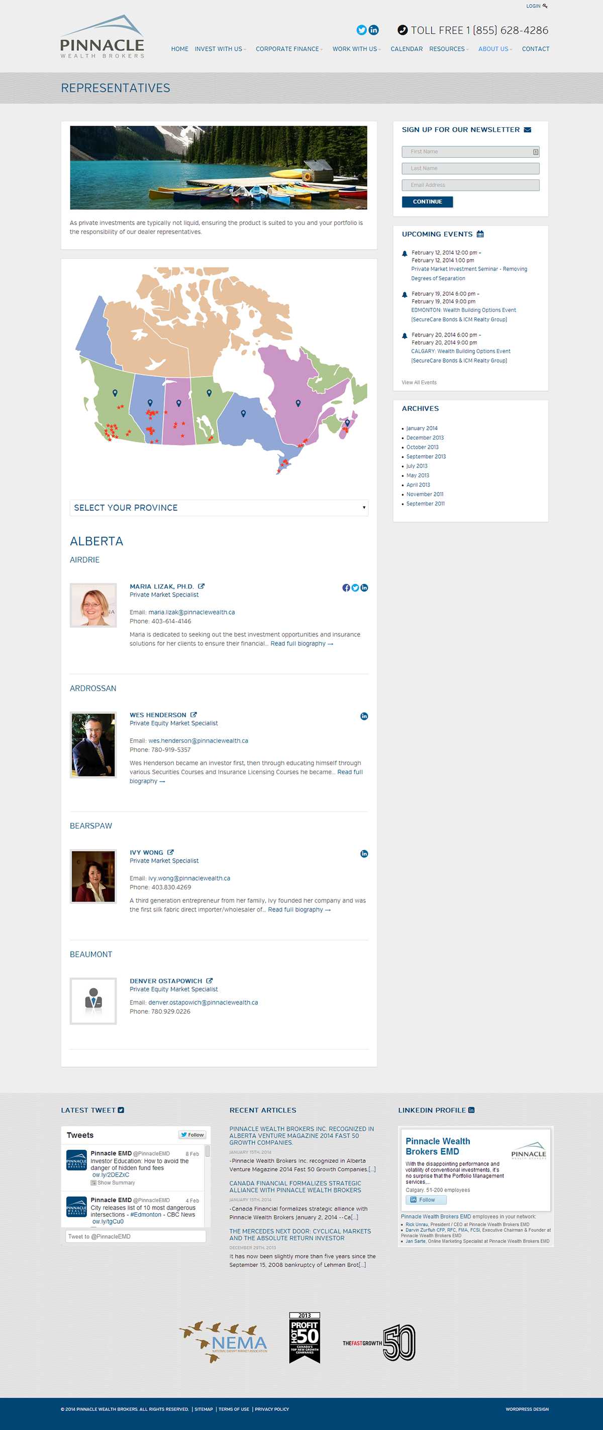Pinnacle Wealth Brokers Representatives page with a map of Canada, a province selector, and representative listings for Alberta cities